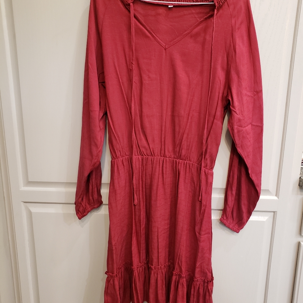Drawstring V Neck Ruffle Hem Dress